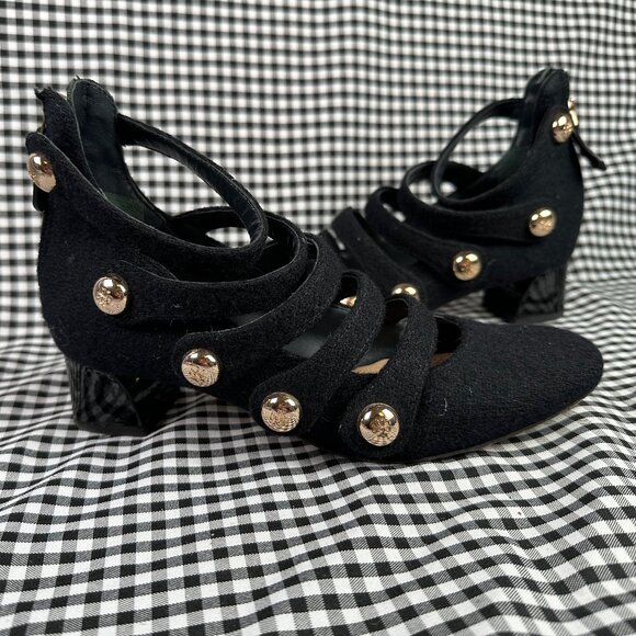 Tory Burch Marisa Low Heel Black Gold Wool Strappy Mary Jane Pumps Women's 6 - Picture 1 of 5